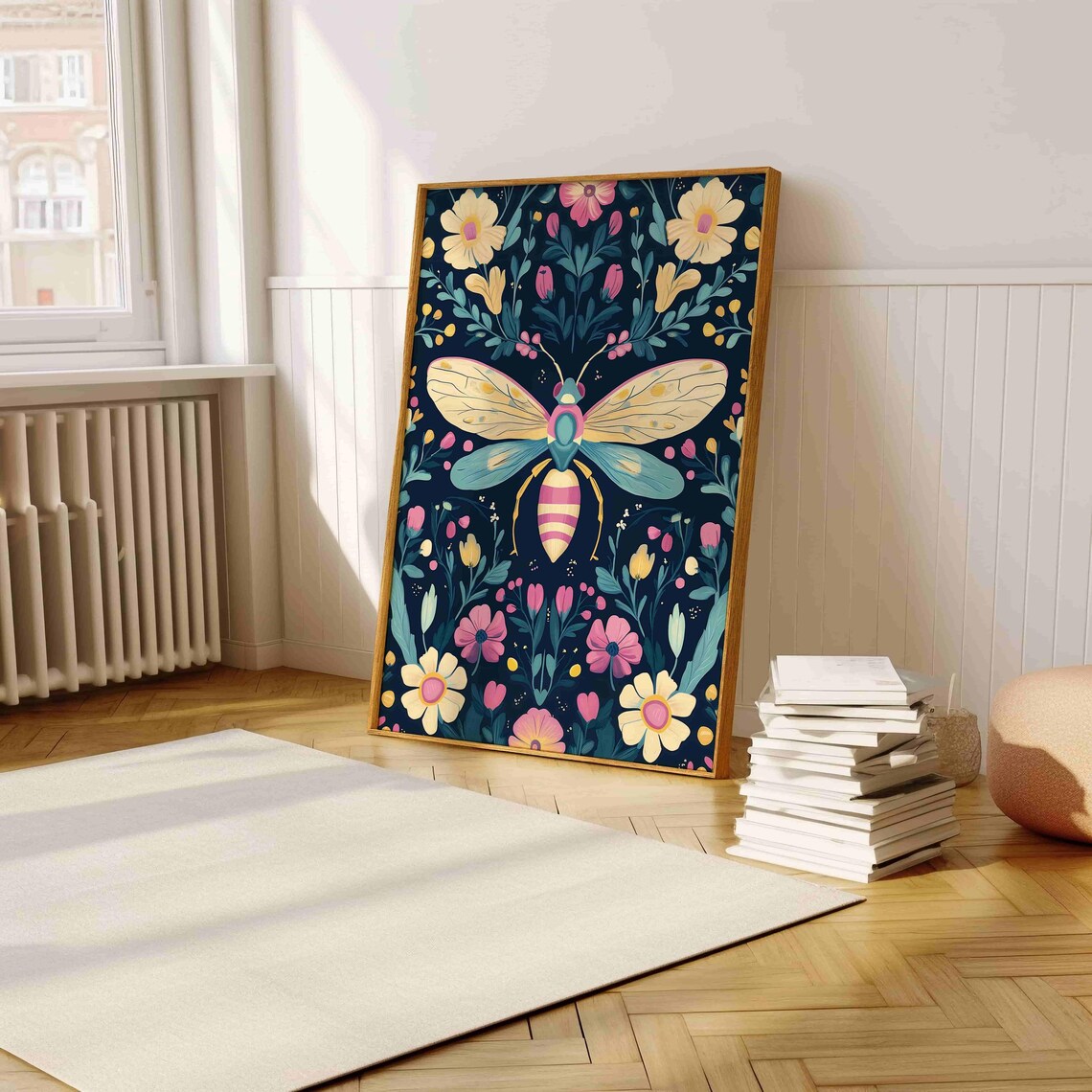 Symmetrical Folk Art Bee With Garden Flowers Deep Navy Art Print - Image 5