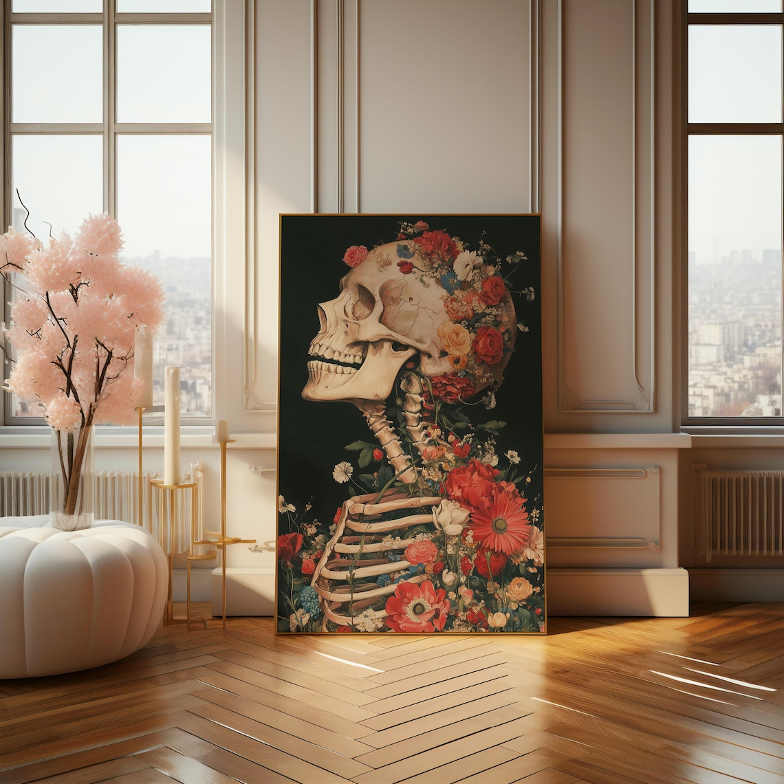 Human Skeleton with Blooming Flowers Dark Botanical Art Poster - Image 4