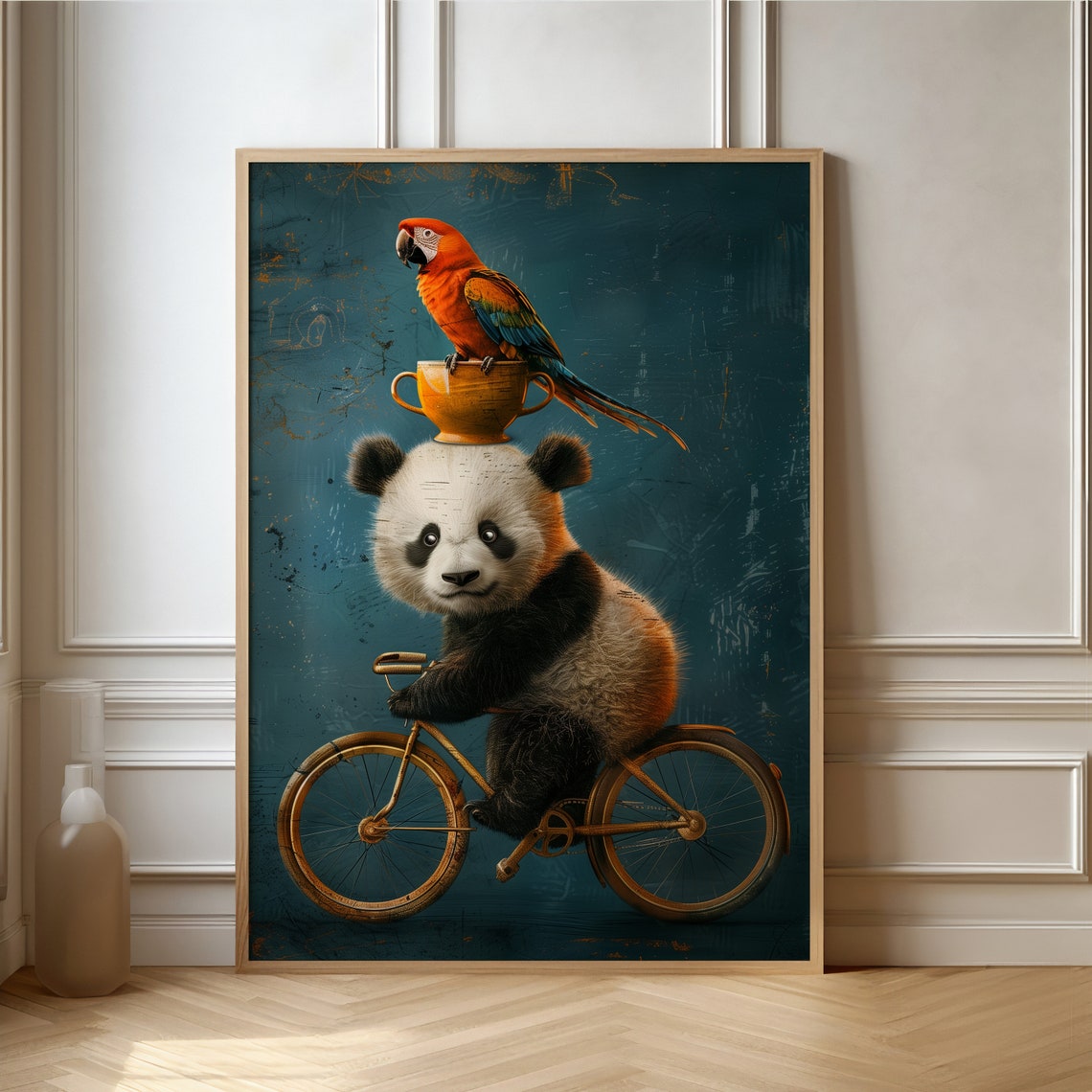 Panda Riding a Bicycle With Parrot on Its Head Whimsical Poster