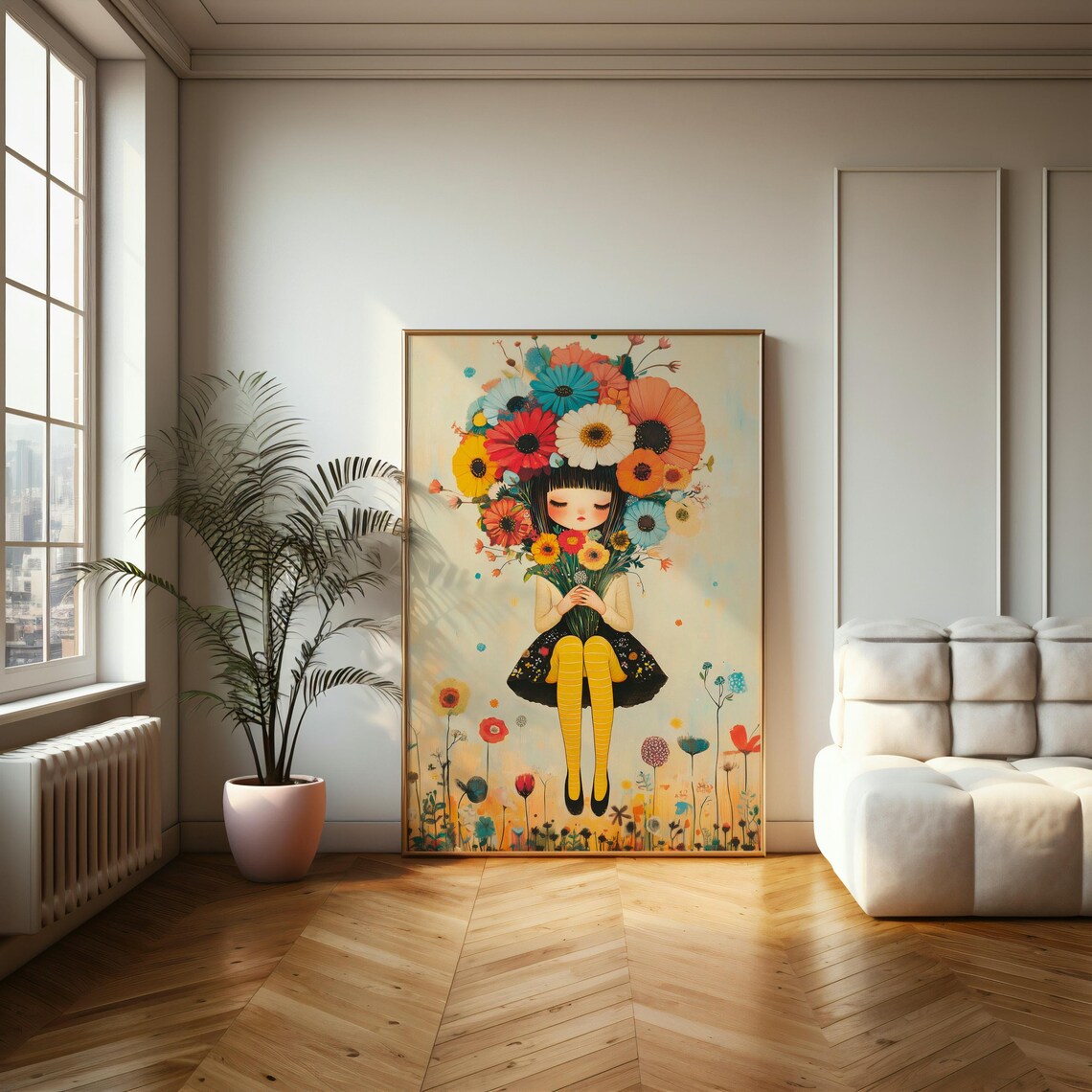 Sweet Girl Holding Giant Flower Bouquet Whimsical Illustration Poster - Image 2