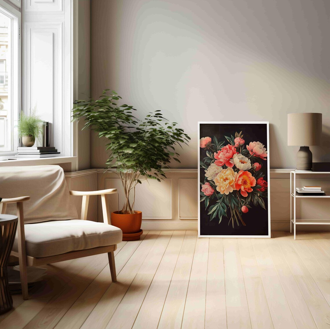 Coral Peony Bouquet On Black Vintage Botanical Still Life Art Print - Image 3