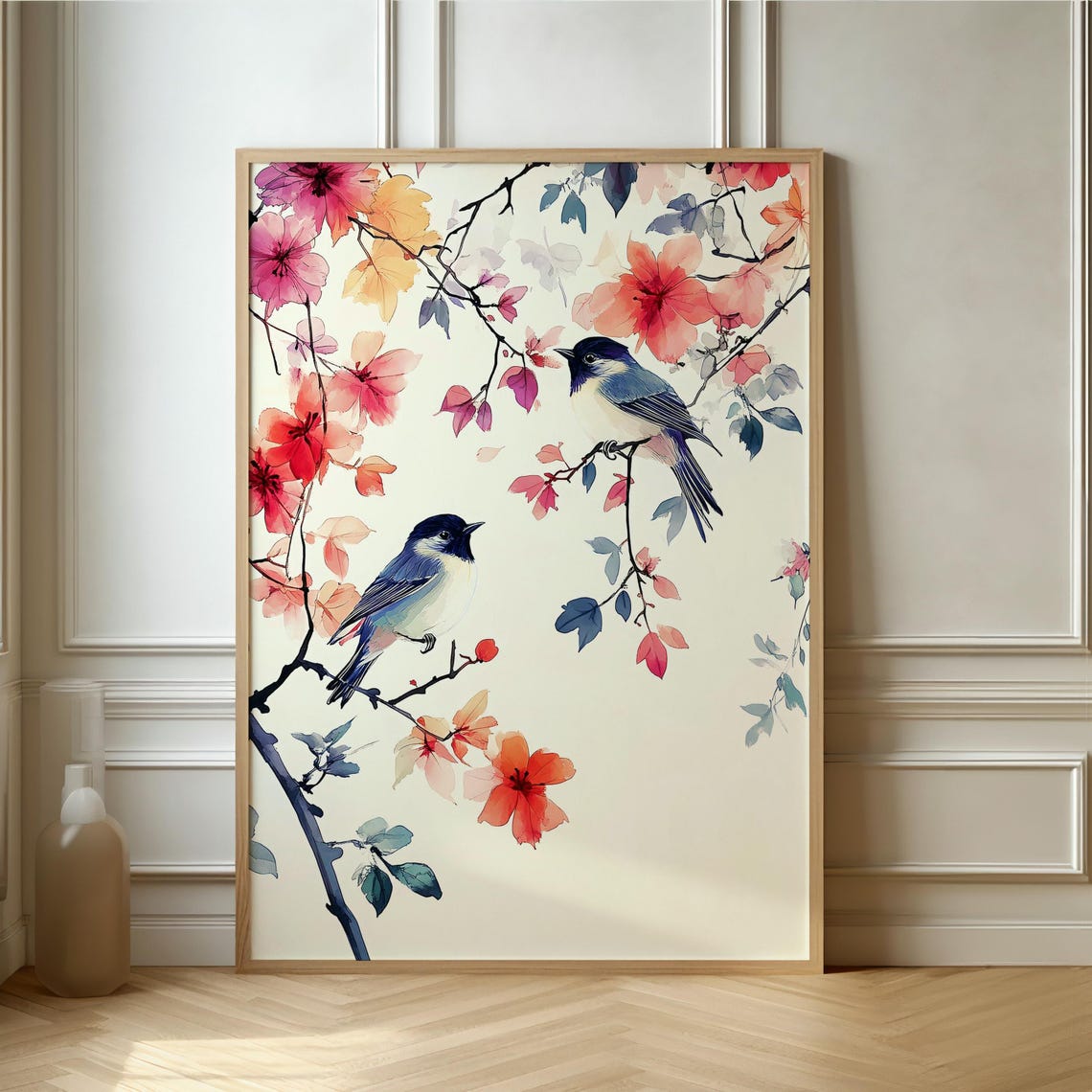 Blue Birds On Cherry Blossom Branches Watercolor Floral Poster
