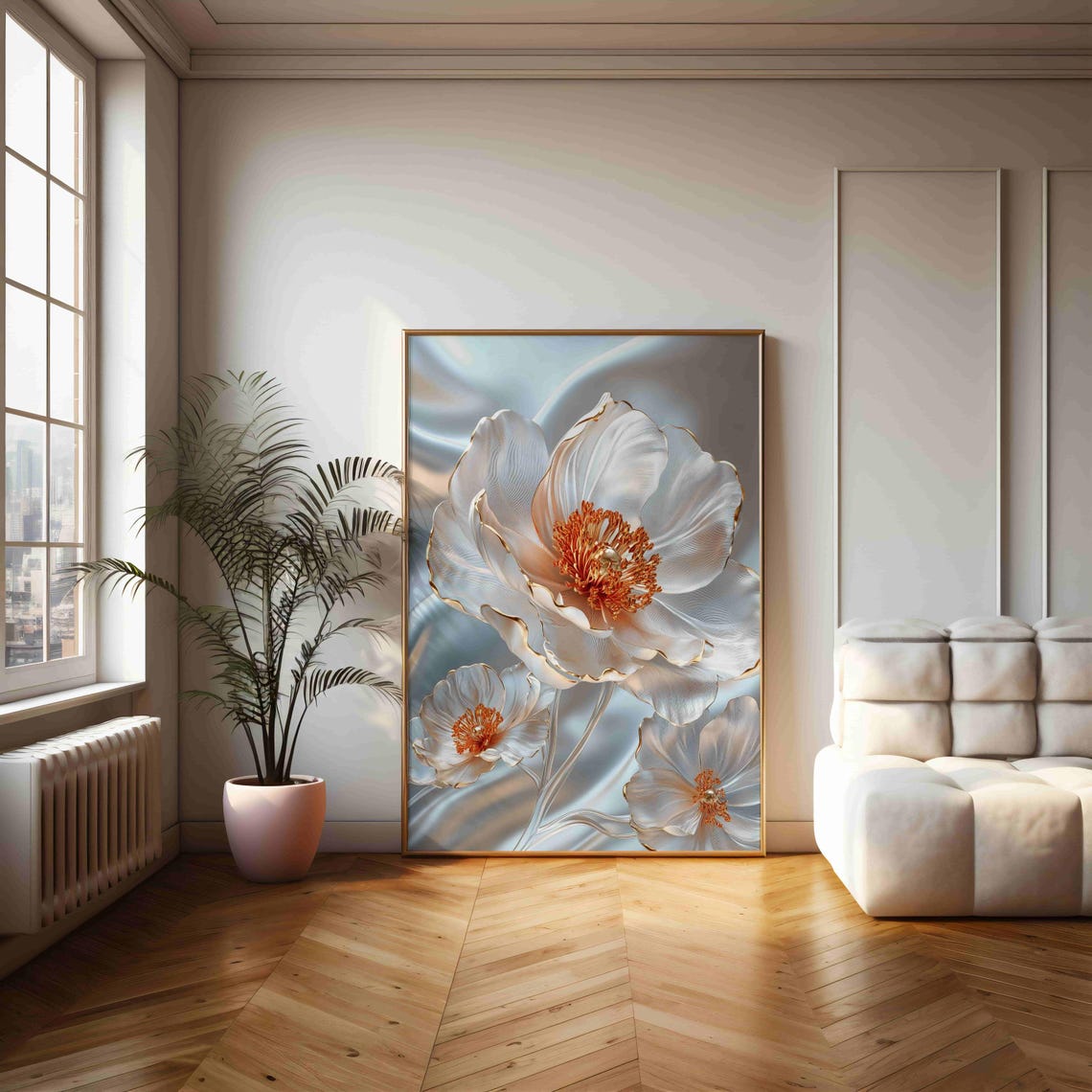 White And Copper Metallic Blossom Flower Elegant Silk Wall Print - Image 2