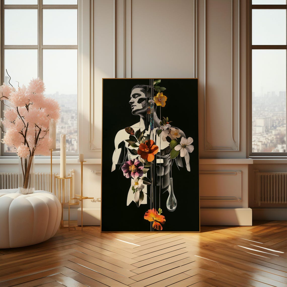 Surreal Floral Male Torso Silhouette Collage Art on Black Poster - Image 4