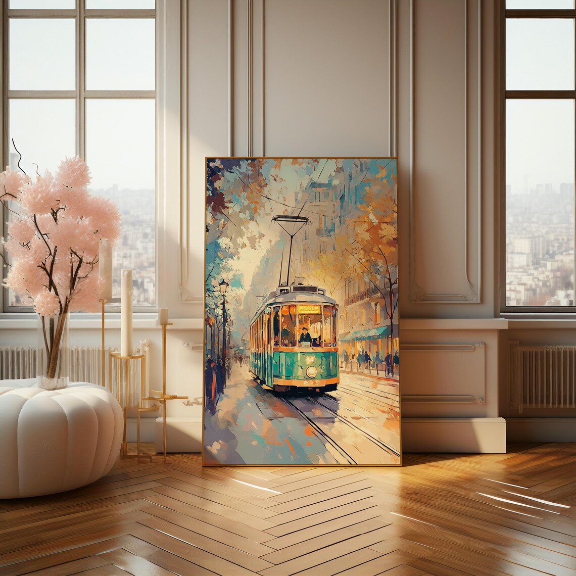Vintage Tram Ride Through an Autumn City Street Painting Poster - Image 4