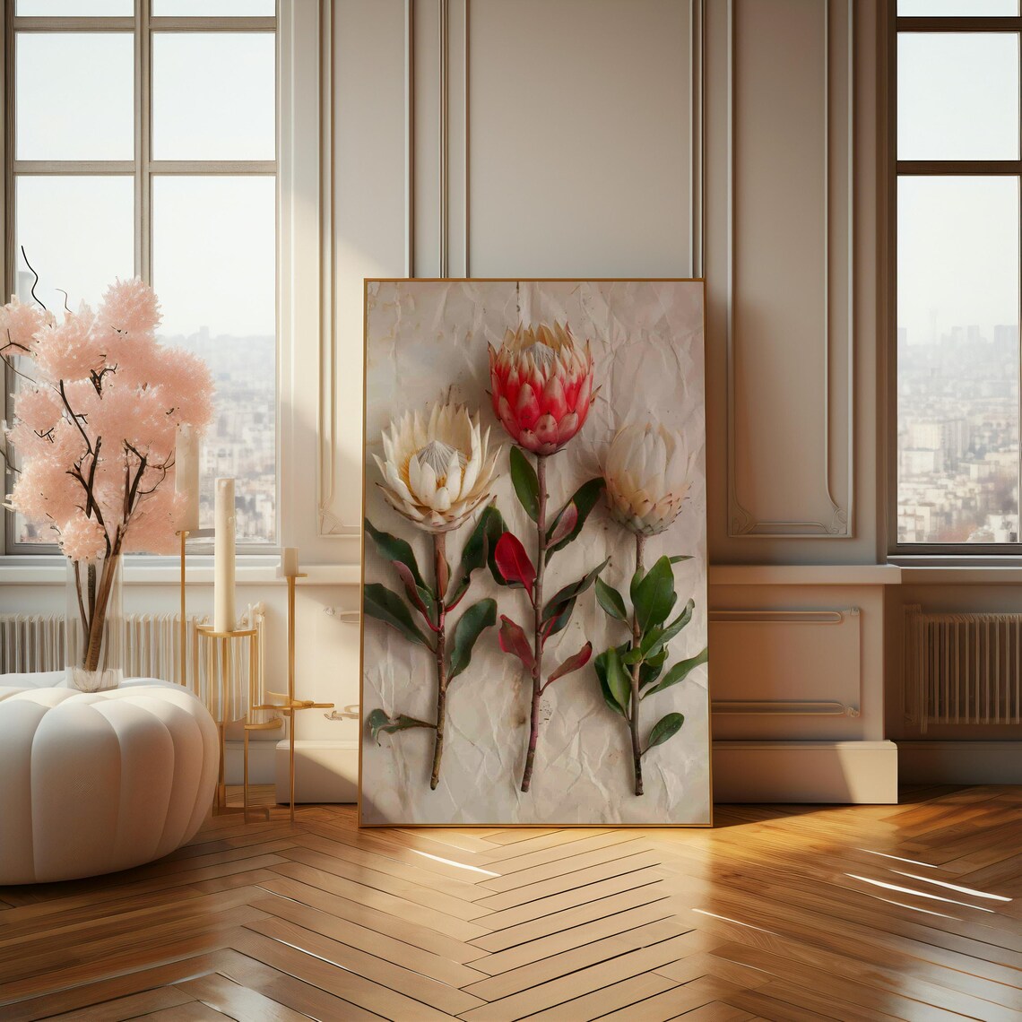 White And Red King Protea Blooms Crumpled Paper Style Art Print - Image 4
