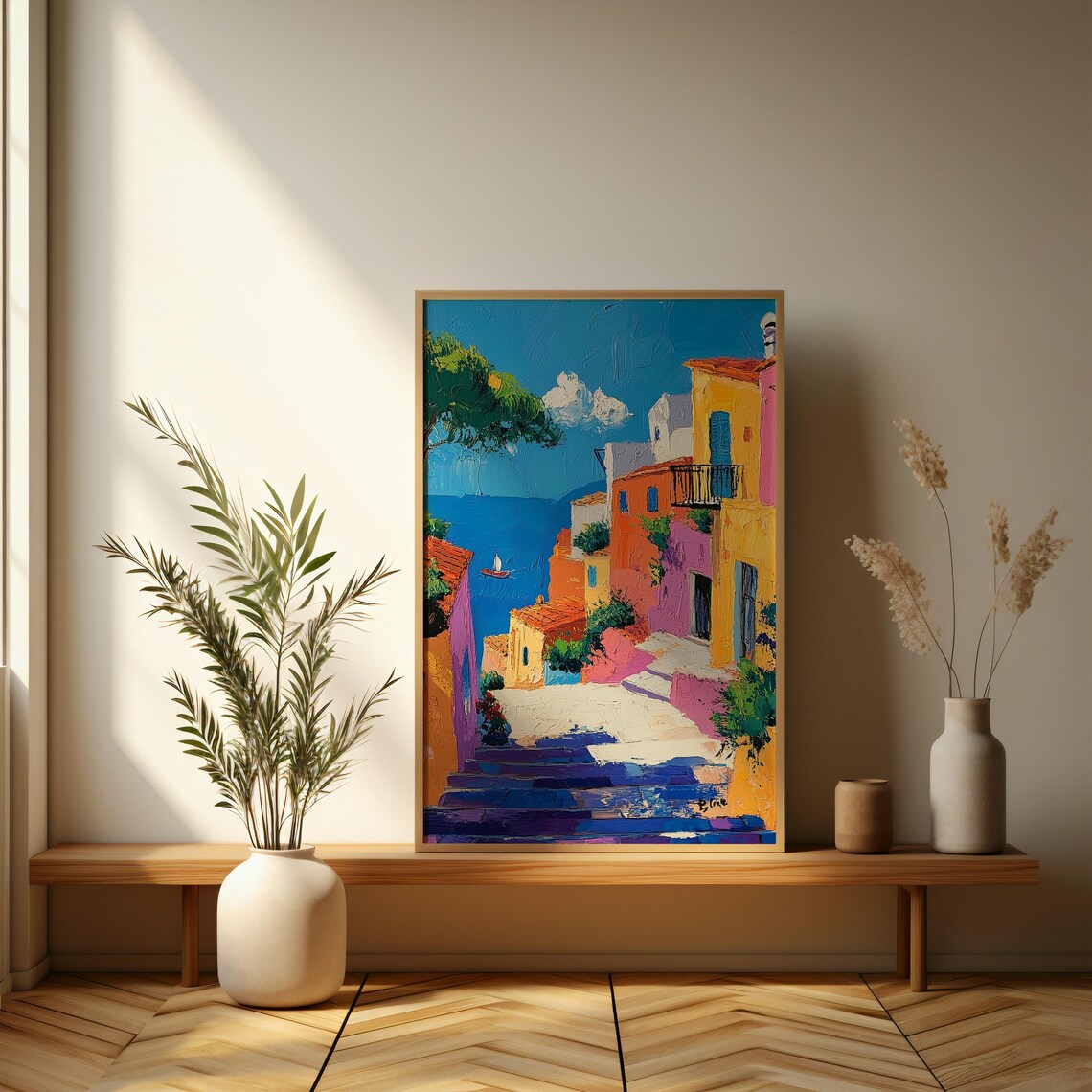 Colorful Coastal Village Steps Oil Painting Mediterranean Poster - Image 3