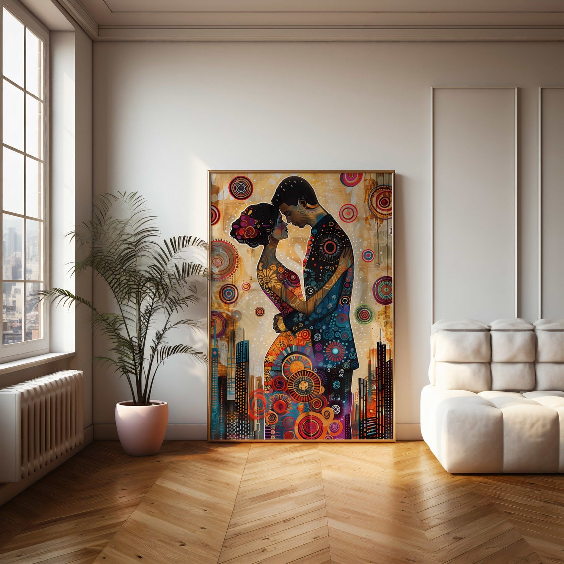 Romantic Couple Embracing African Patterned Celebration Art Poster - Image 2