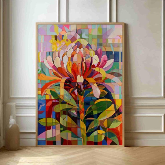 Vibrant Floral Mosaic Abstract Flower Art Print Colorful Geometric Wall Decor Modern Botanical Poster For Home Or Office