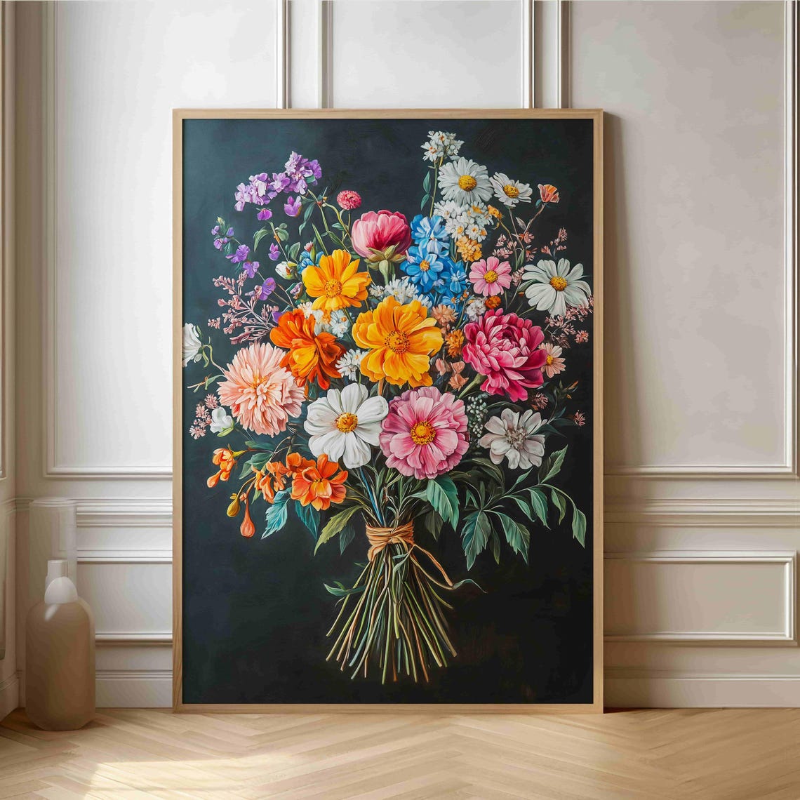 Colorful Daisy And Poppy Bouquet Tied With Twine Floral Art Print