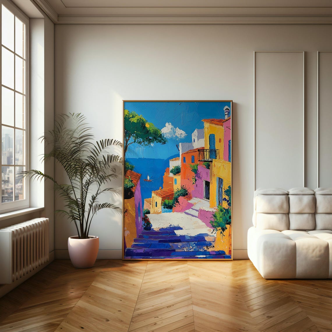 Colorful Coastal Village Steps Oil Painting Mediterranean Poster - Image 2