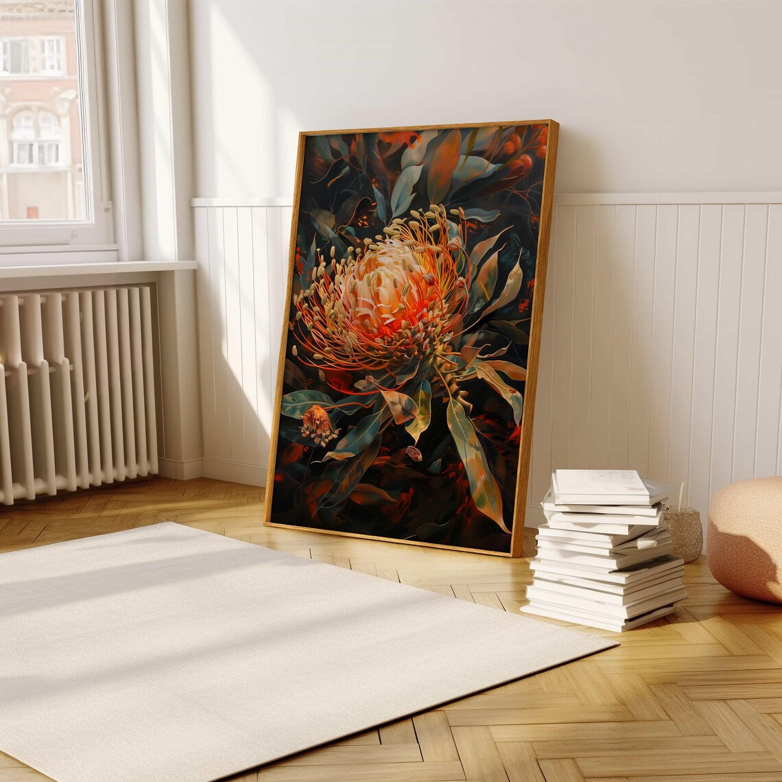 Golden Pincushion Protea Glowing Bright on Dark Foliage Poster - Image 5