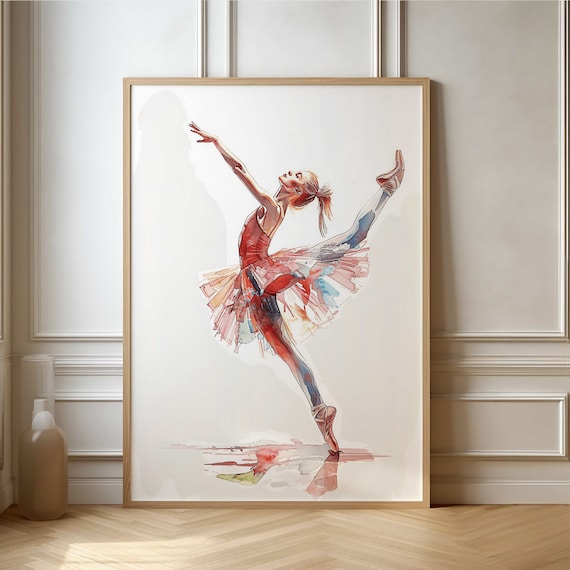 Elegant Ballerina in a Flowing Red Tutu Watercolor Dance Poster