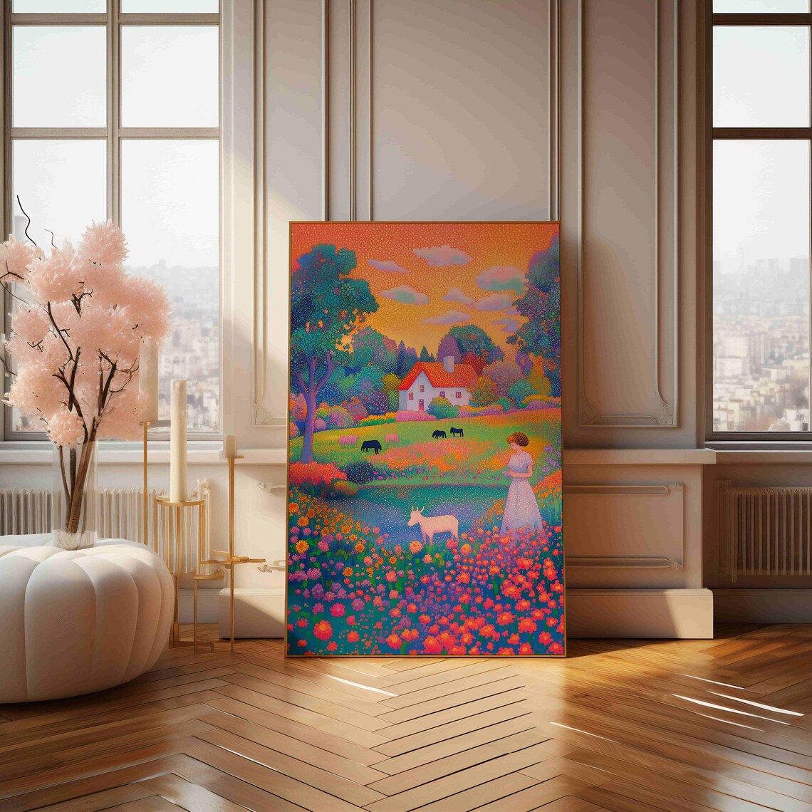 Country Cottage Meadow Wildflowers Pointillism Landscape Scene Poster - Image 4