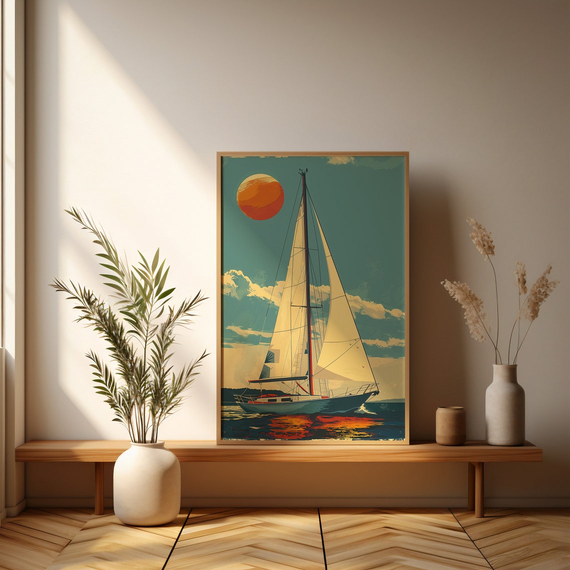 Retro Sailboat Under a Giant Orange Sun on a Teal Sky Art Poster - Image 3