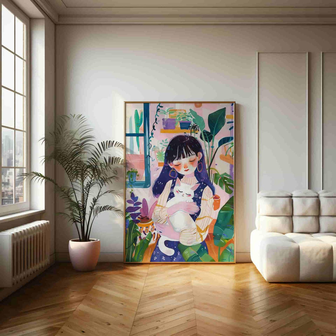 Cozy Illustration Girl Hugging White Cat With Plants Art Print - Image 2