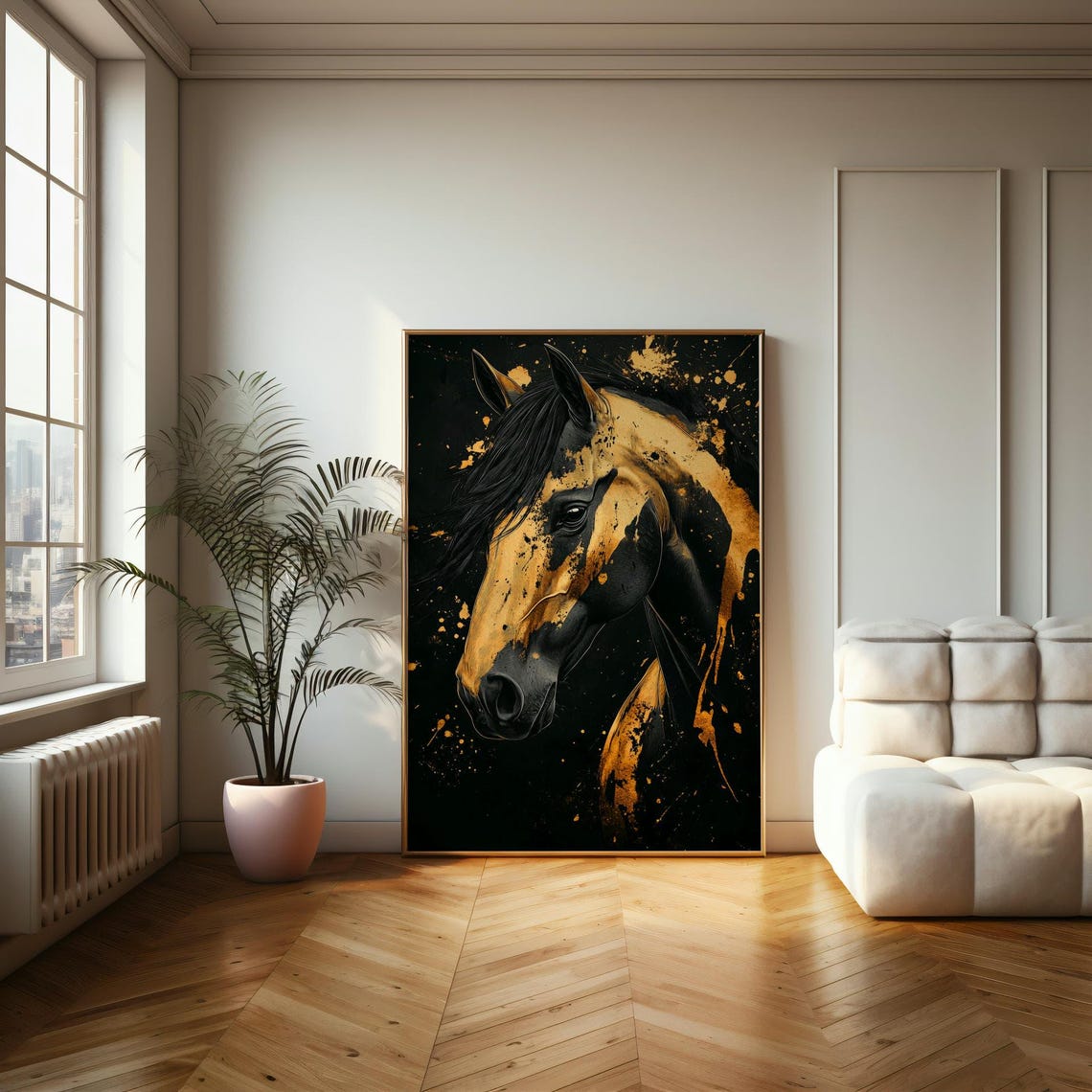 Black and Gold Horse Portrait Dramatic Splash Art Wall Poster - Image 2