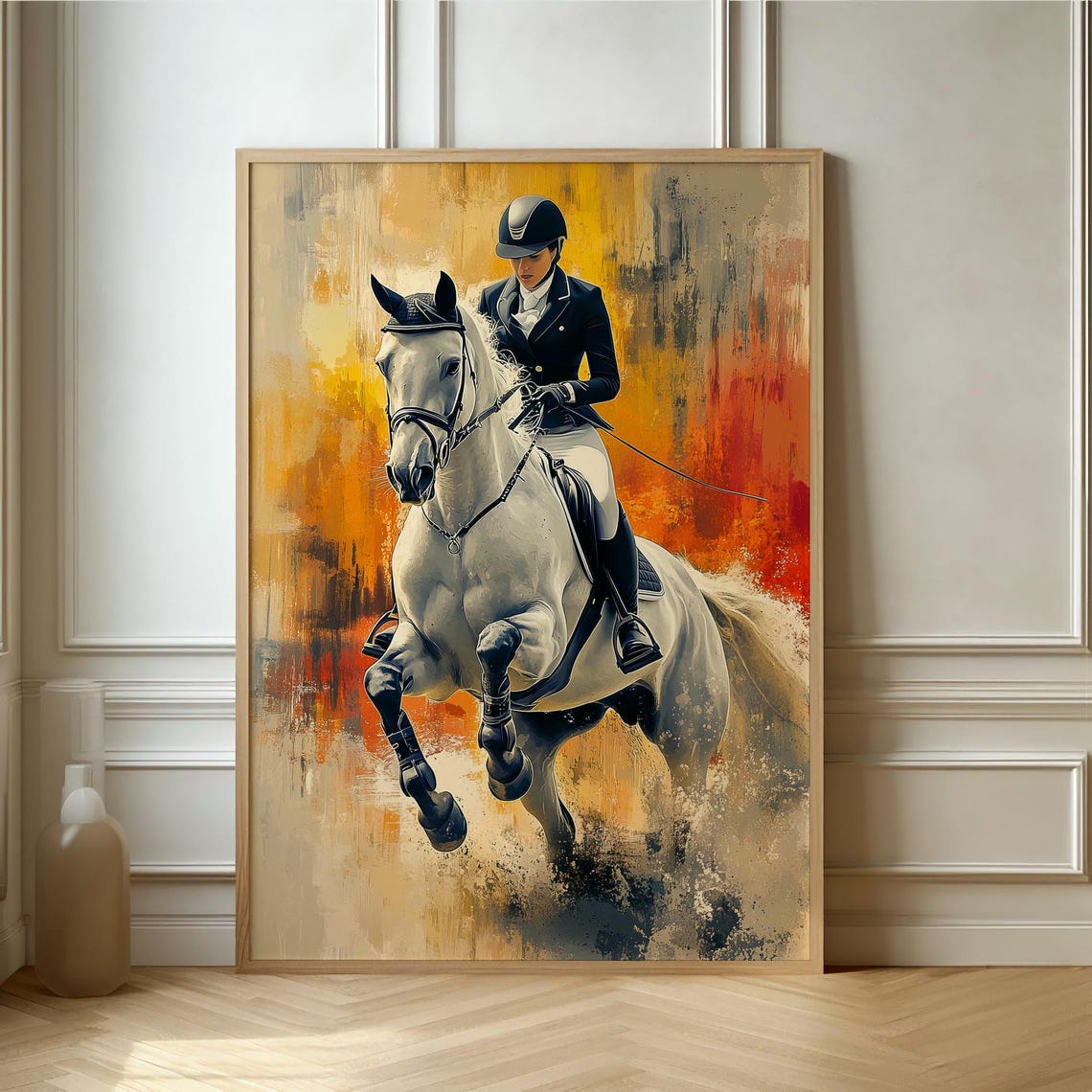Show Jumping Rider on White Horse Painterly Equestrian Sport Poster