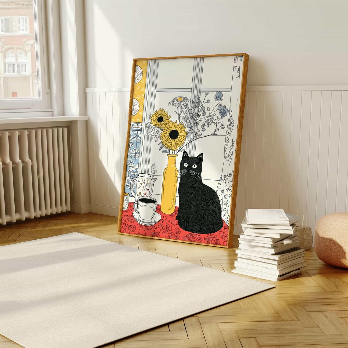 Black Cat with Coffee and Sunflowers Charming Window Scene Poster - Image 5