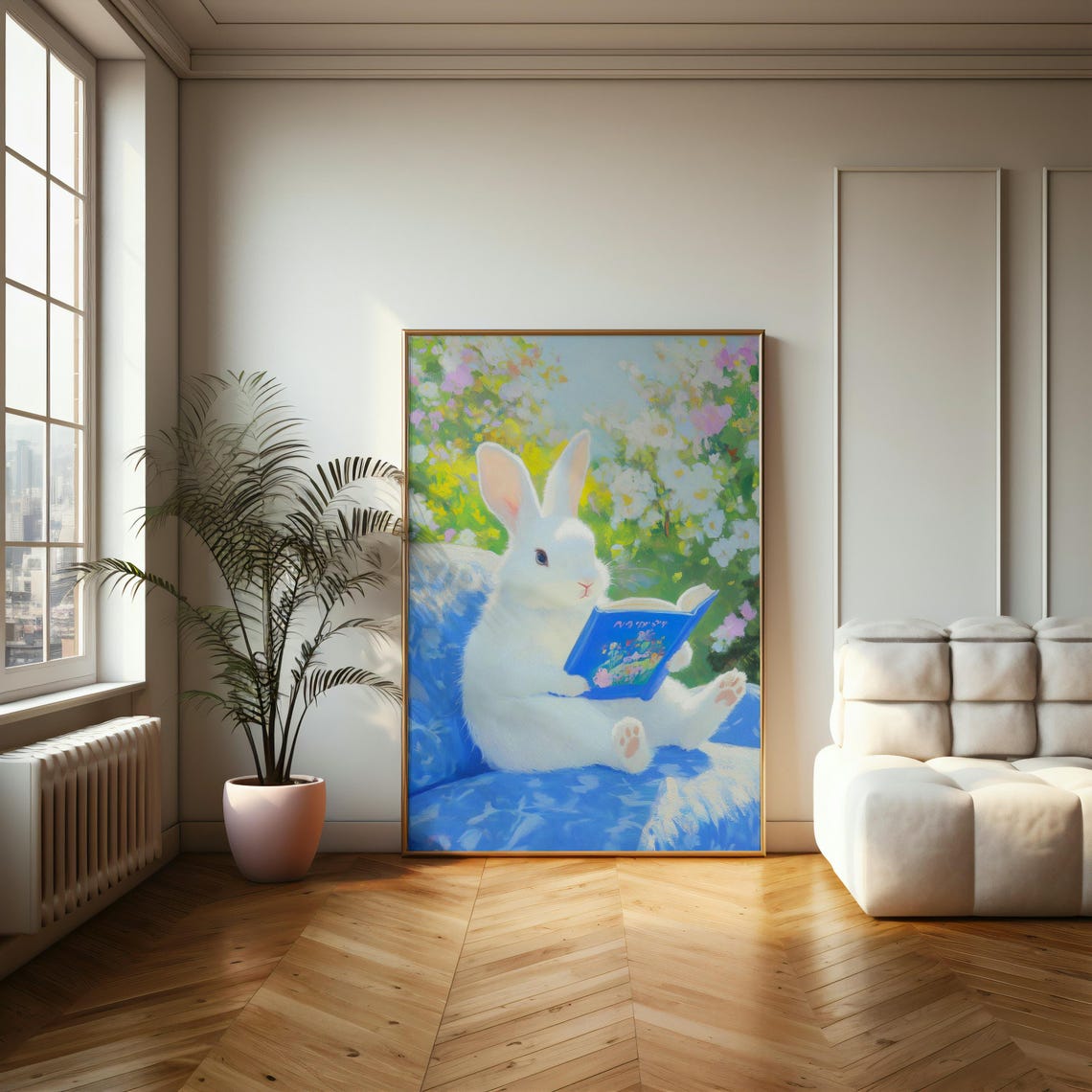 White Bunny Reading a Blue Book in a Pastel Flower Garden Poster - Image 2