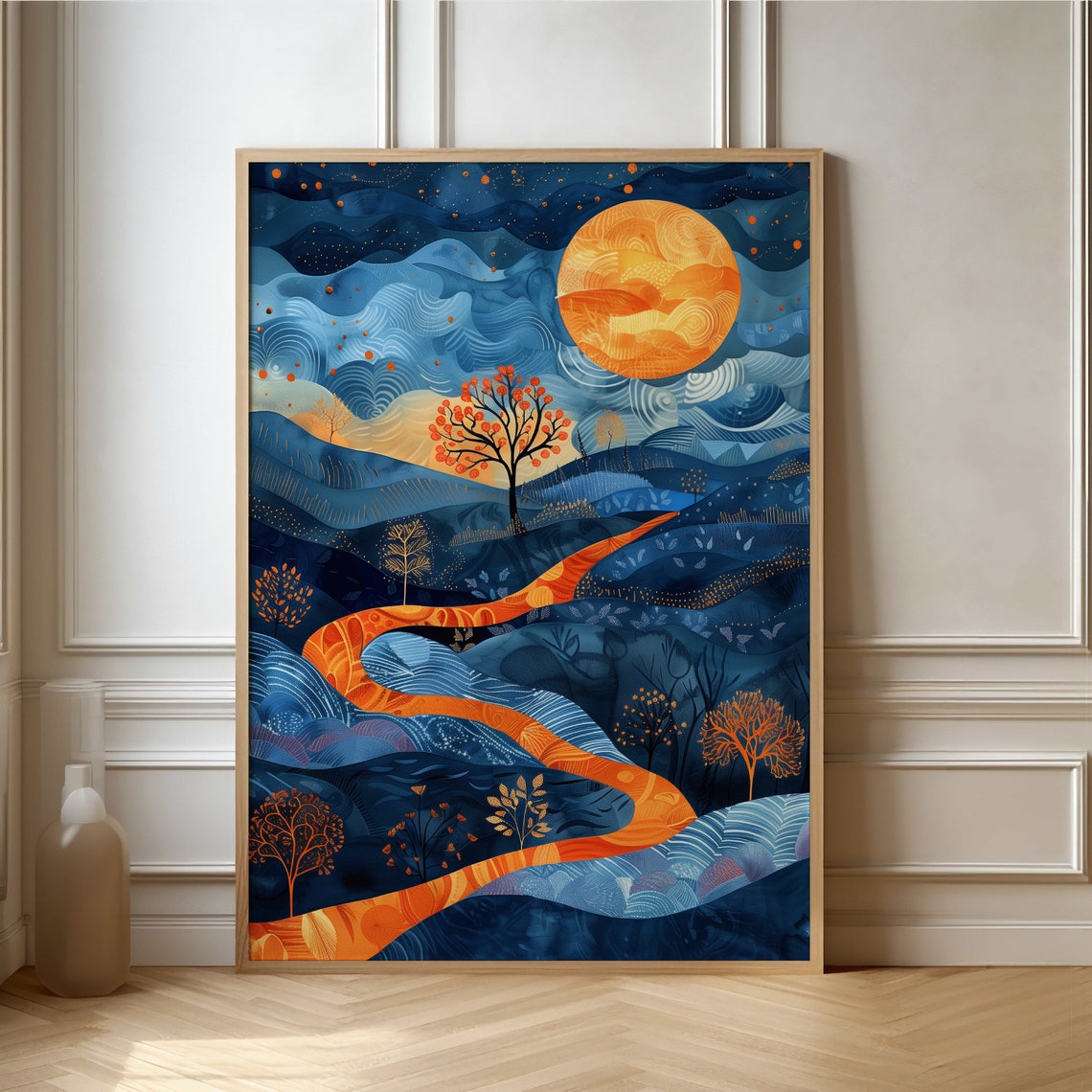Moonlit Blue Hills with a Golden Winding Path Night Sky Poster