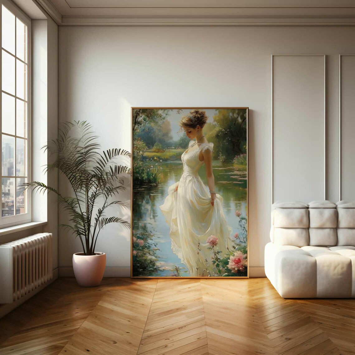 Woman in White Dress by Lily Pond Romantic Garden Painting Poster - Image 2