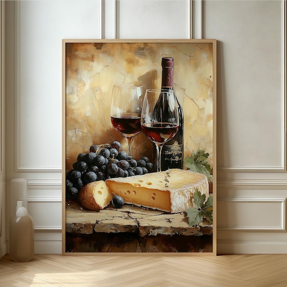 Red Wine Brie Cheese and Grapes Still Life Oil Painting Poster