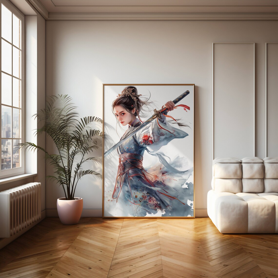 Asian Swordswoman Watercolor Elegant Warrior Woman Fantasy Art Print - Image 2