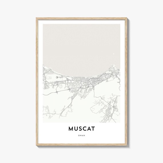 Minimalist Muscat Oman Coastal City Map Poster in Black and White