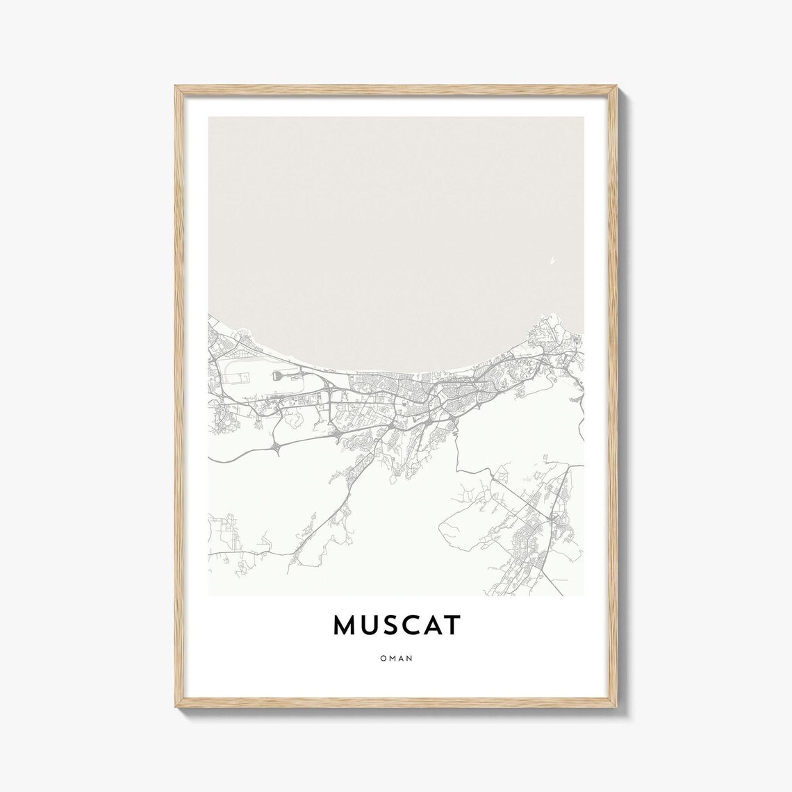 Minimalist Muscat Oman Coastal City Map Poster in Black and White