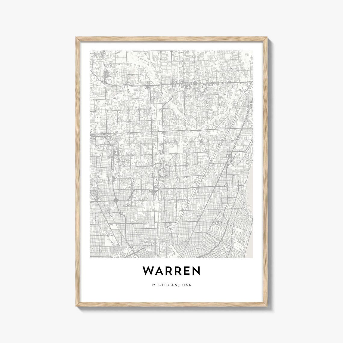 Warren Michigan Minimalist Street Map Black White Line Art Poster