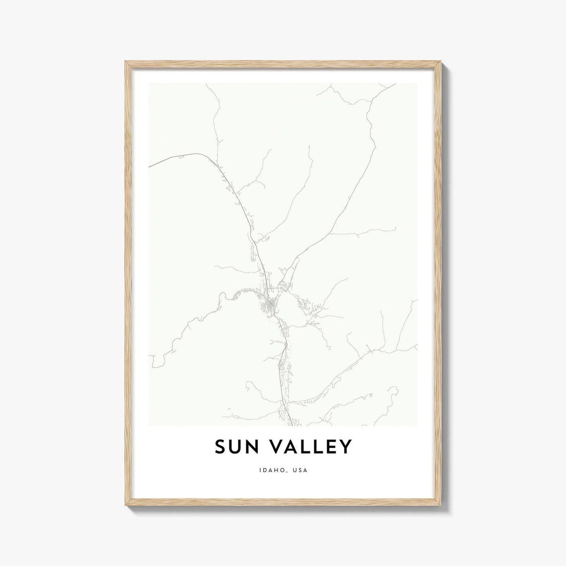 Sun Valley Idaho Minimalist Street Map Poster Light Wood Frame