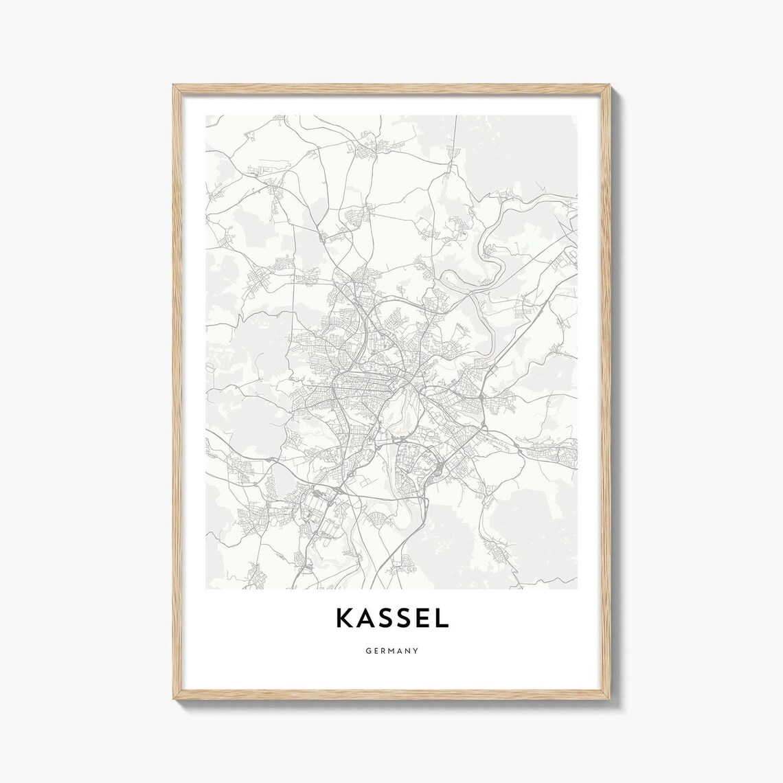 Kassel Germany Minimalist Street Map Poster In Soft White Gray Tones