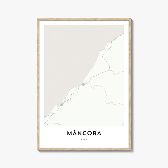 Minimalist Mancora Peru City Street Map Poster in Black and White