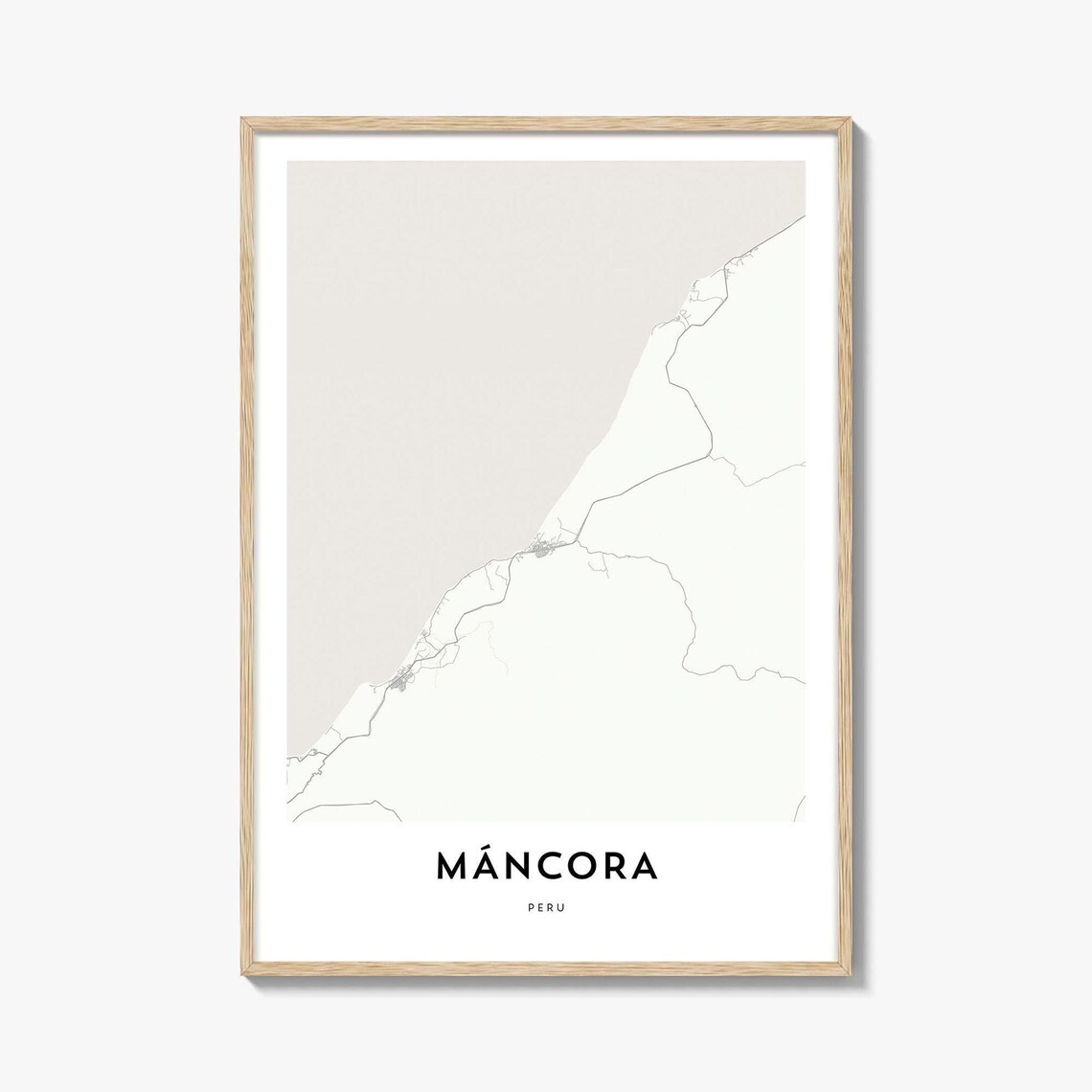 Minimalist Mancora Peru City Street Map Poster in Black and White