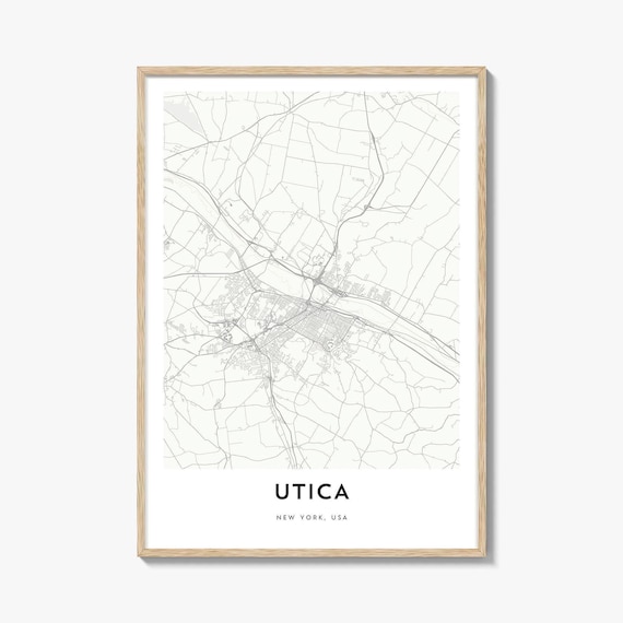 Utica New York Minimalist Street Map Poster With Light Wood Frame