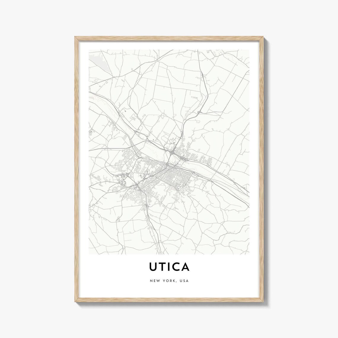 Utica New York Minimalist Street Map Poster With Light Wood Frame