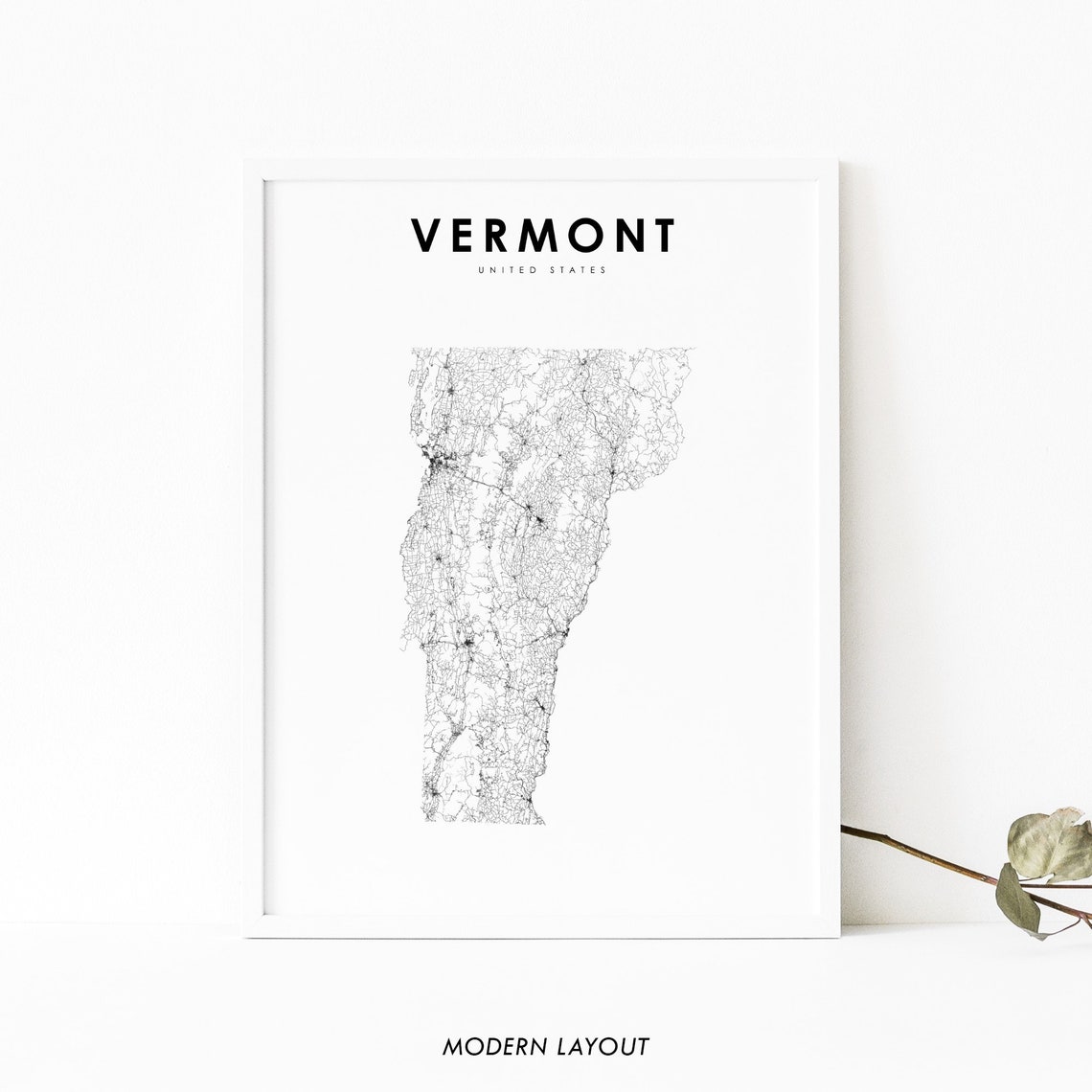 Vermont State Road Map Minimalist Black Line Art Wall Poster