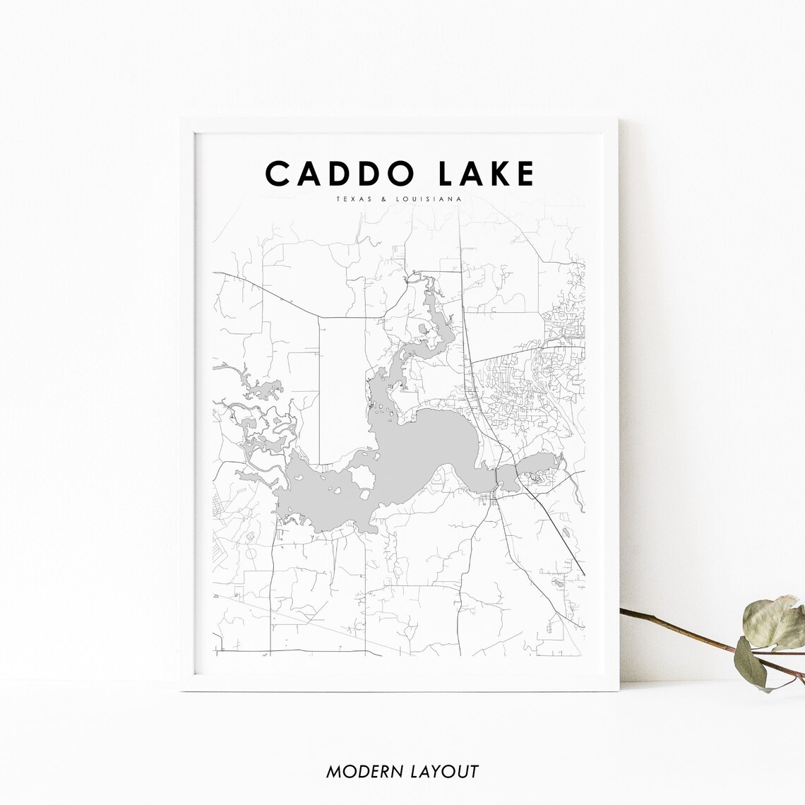 Caddo Lake Texas Louisiana Modern Minimalist Black White Map Poster