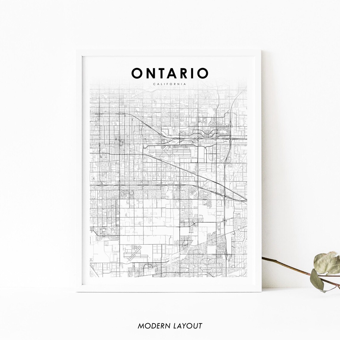 Ontario California Modern Black and White Street Map Art Poster
