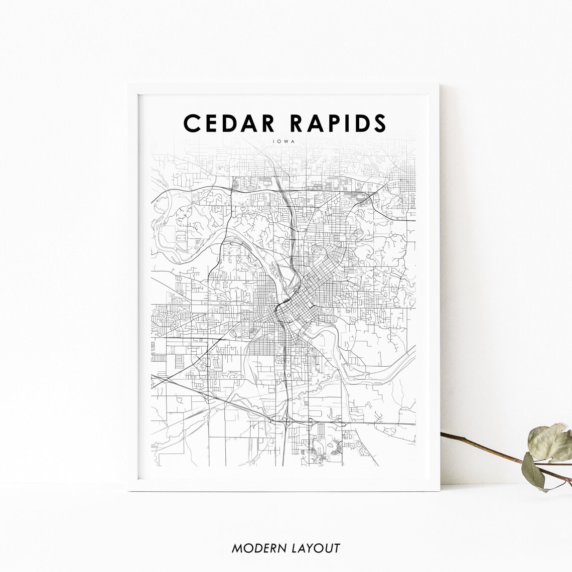 Cedar Rapids Iowa Black Minimalist City Street Map Art Print