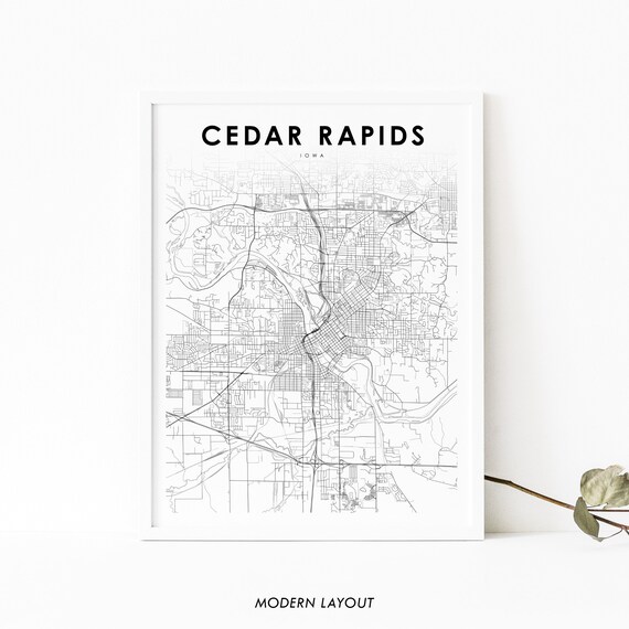 Cedar Rapids Iowa Black Minimalist City Street Map Art Print