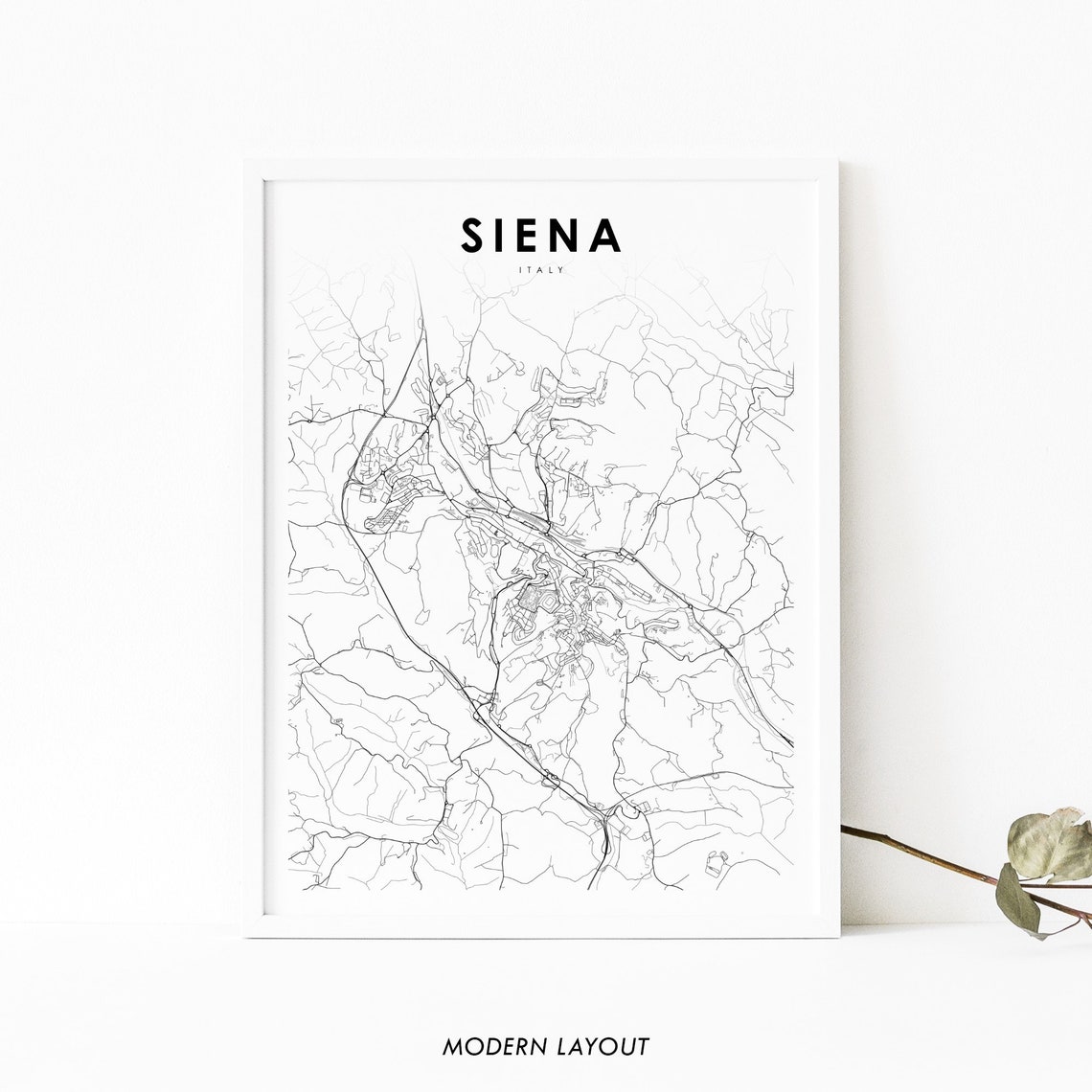 Siena Italy Minimalist Black and White City Street Map Poster