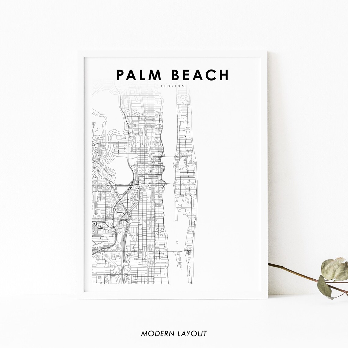Palm Beach Florida Minimalist City Street Map Poster Modern Black White