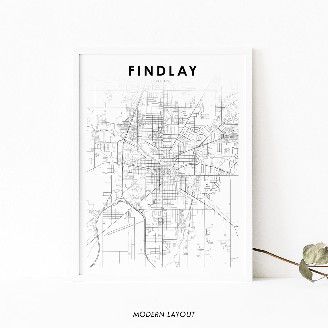 Findlay Ohio City Street Map Modern Minimalist Black White Poster