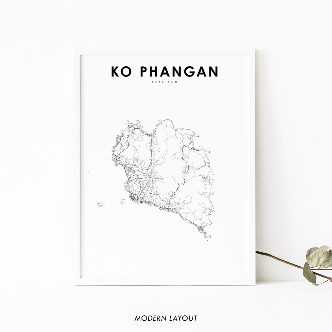 Ko Phangan Thailand Island Minimalist Black White Street Map Poster