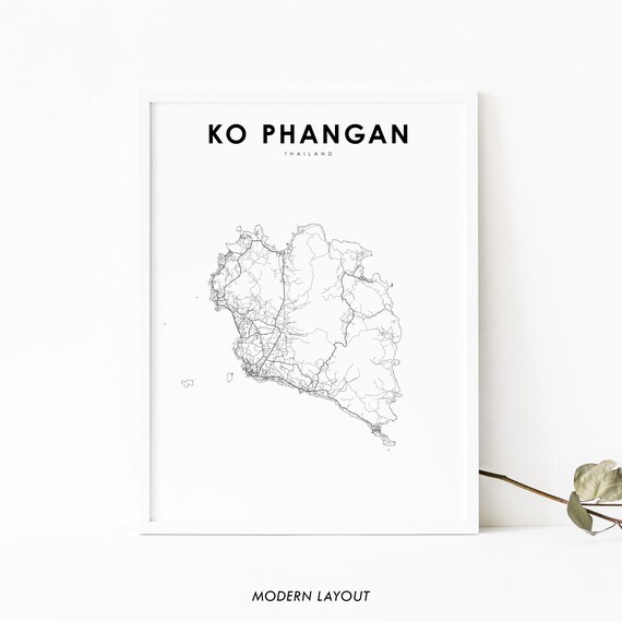 Ko Phangan Thailand Island Minimalist Black White Street Map Poster