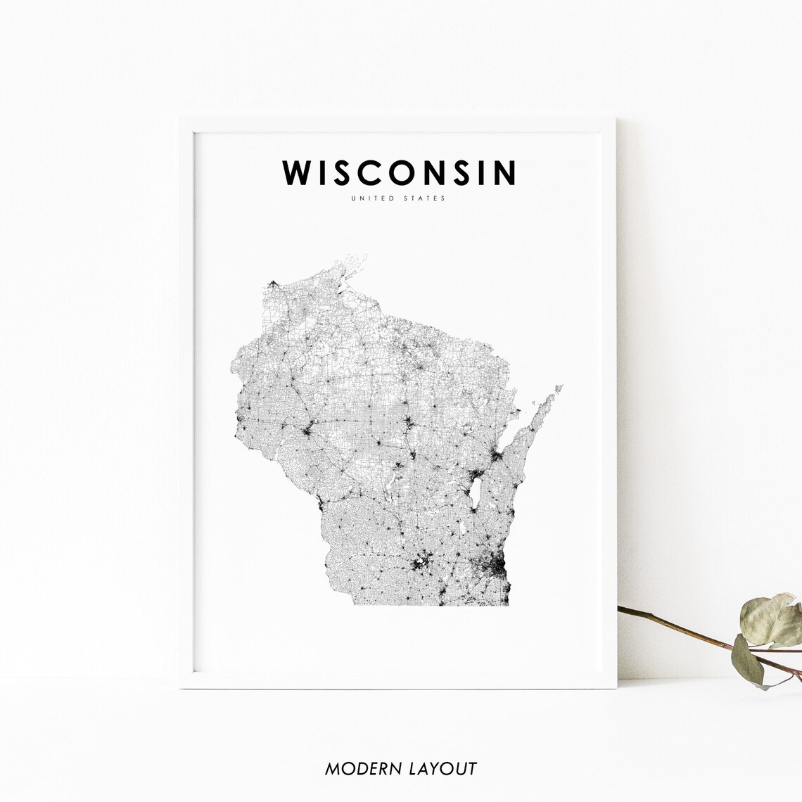 Wisconsin Map Print, State Road USA Art Poster