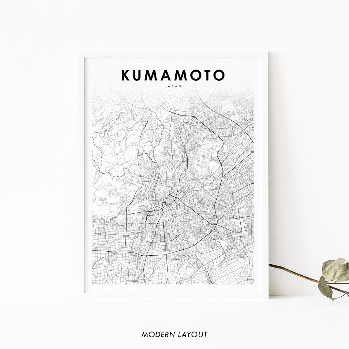 Kumamoto Japan Minimalist City Street Map Black White Wall Art