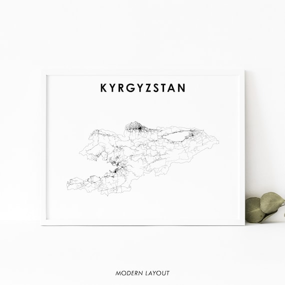 Kyrgyzstan Country Line Map Minimalist Black White Modern Poster